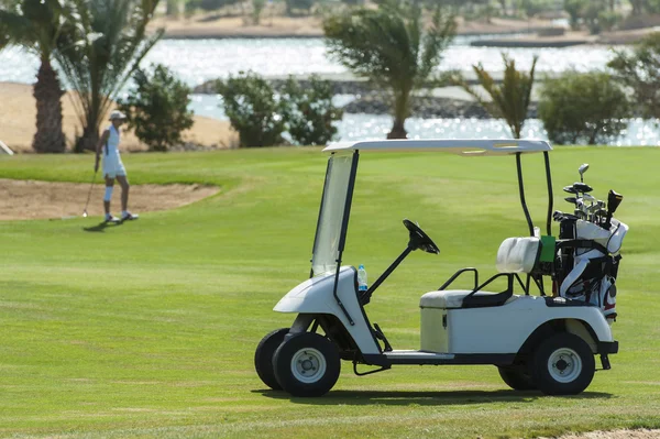 Buggy de golfe elétrico em um fairway — Fotografia de Stock