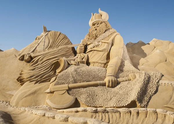 Large sand sculpture of Norse viking — Stock Photo, Image