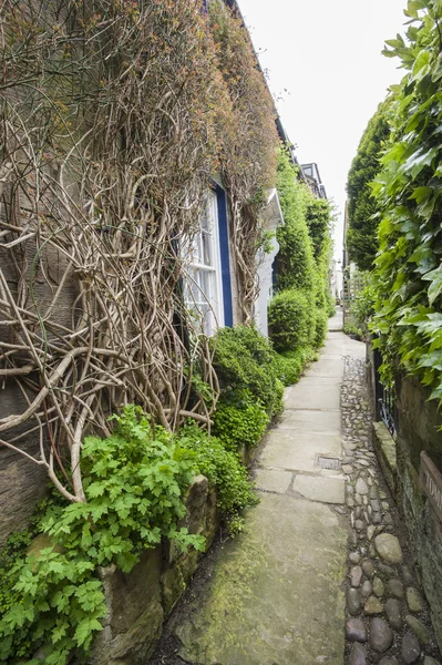 Sentier pédestre entre vieilles maisons de campagne anglaises dans le village — Photo