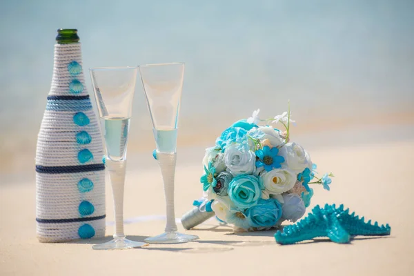 Detailní Záběr Šampaňského Svatba Romantické Dekorace Zátiší Tropickém Ostrově Písečné Stock Fotografie
