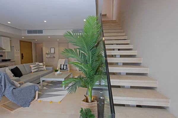 Lüks Tropikal Tatil Dubleks Apartmanındaki Oturma Odası Oturma Odası Tasarım — Stok fotoğraf