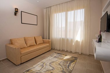Lüks apartmandaki oturma odası salonu iç dekorasyon mobilyalarını gösteren evi gösteriyor.