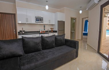 Lüks apartmandaki oturma odası salonu iç dekorasyon dekorasyonunu açık mutfak eşliğinde gösteriyor.