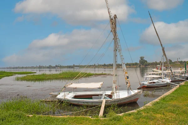 Traditional Egyptian Felluca River Sailing Boats Moored Nile Bank — Stok fotoğraf