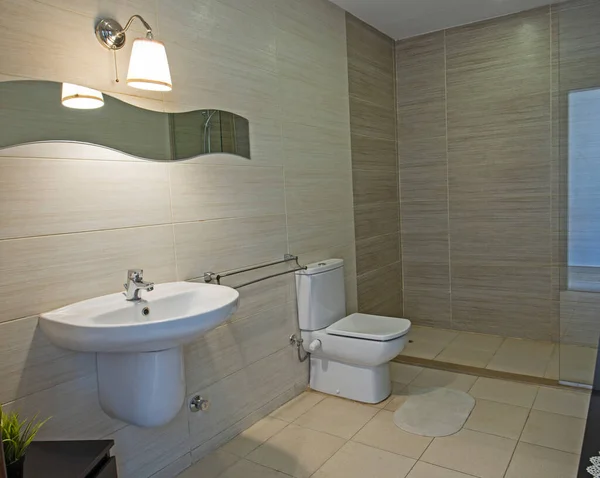 一个带有淋浴间 卫生间和水池的豪华家庭式浴室的室内设计 — 图库照片