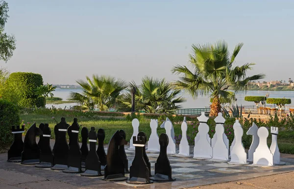 Nil Nehri Manzaralı Lüks Otel Tesisinin Açık Hava Oyunları Sahasında — Stok fotoğraf