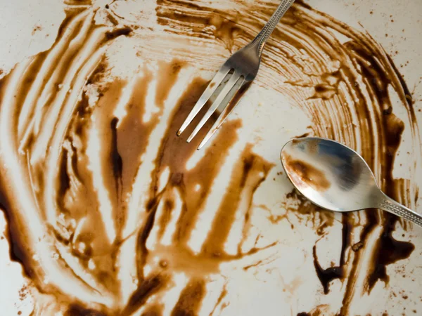 Chocolate stains on White Ceramic plate — Stock Photo, Image
