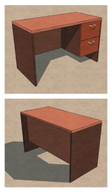 ofis masa plan ön geri perspektif