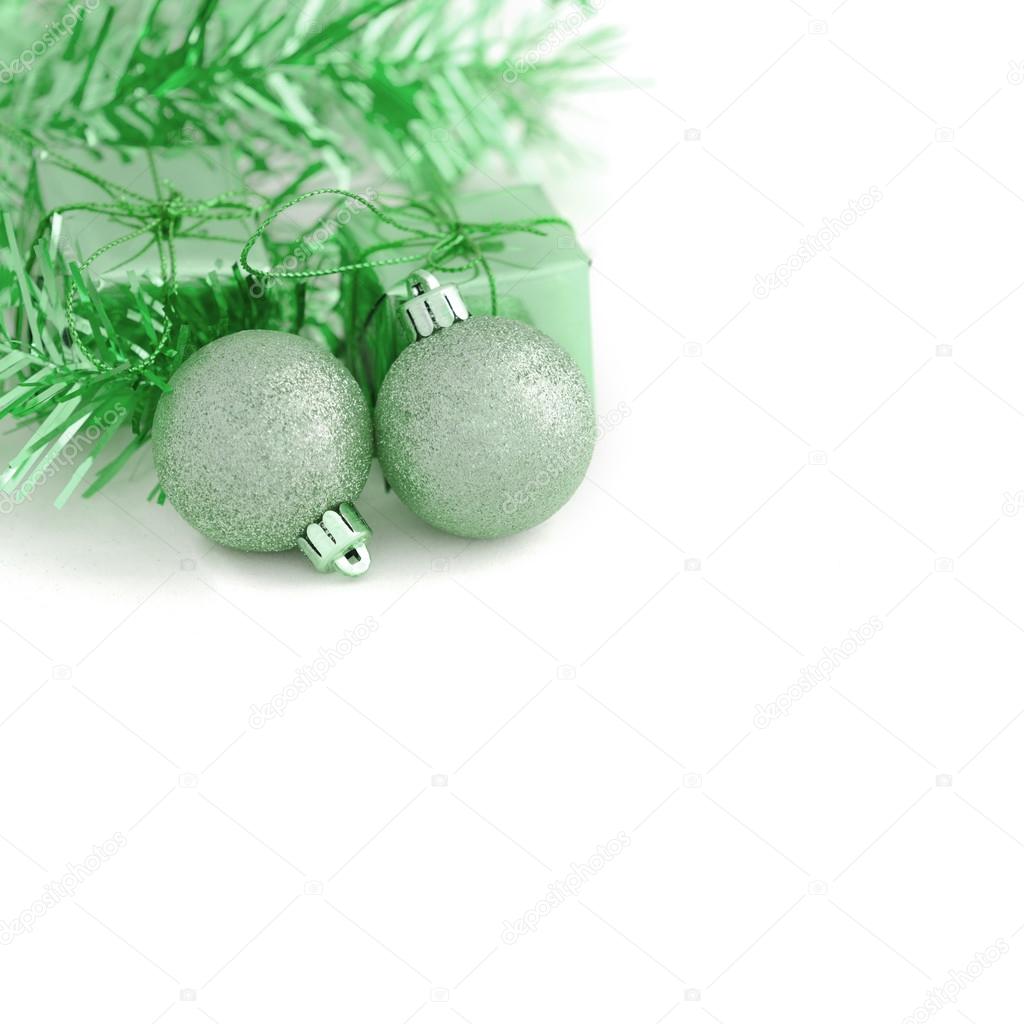 Two Green Ball with Gift Box New Year and Christmas