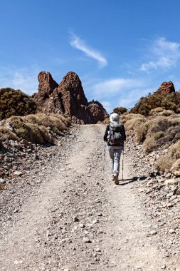 Taş yolda yürüyen bir kadın.