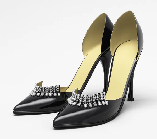 Černé lakové Dámské boty na podpatku — Stock fotografie