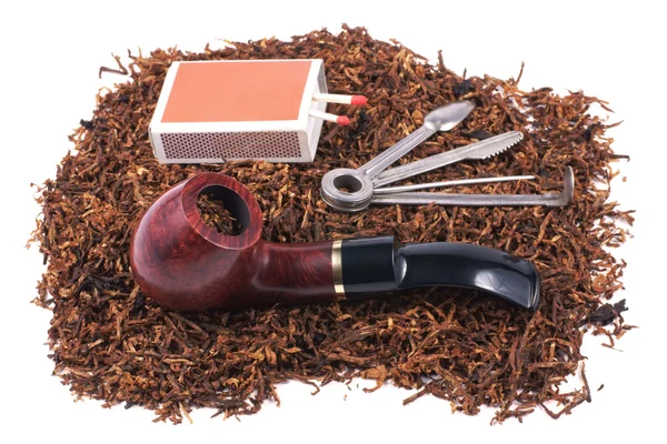 Pipe, accessory and tobacco isolated on white — Stock Photo, Image