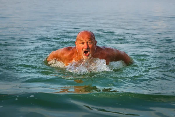 Úszó. Senior férfi úszó pillangó stroke. 60 éves kaukázusi Férfi. Stock Fotó