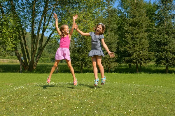 Barn, tjejer skrattar samtidigt ha roligt på en äng — Stockfoto