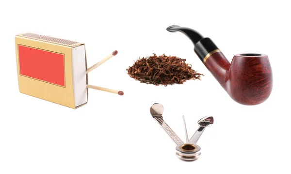 Pipe, three grams of tobacco, two matches and the toolbox, set to compete in pipe smoking — Stock Photo, Image