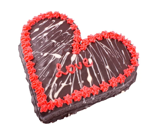 Día de San Valentín, pastel de chocolate en forma de corazón con la palabra amor —  Fotos de Stock