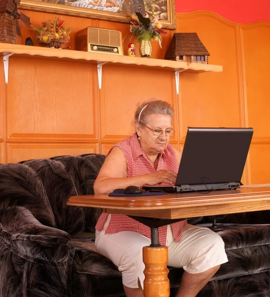 Зрелая леди с ноутбуком дома — стоковое фото