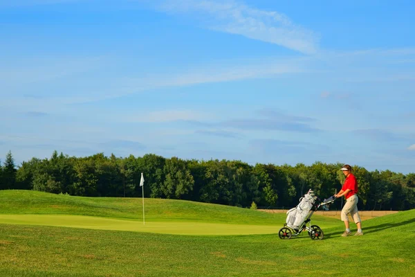 Golf, kvinnan golfare med golfbag på golfbanan, som bakgrunder — Stockfoto