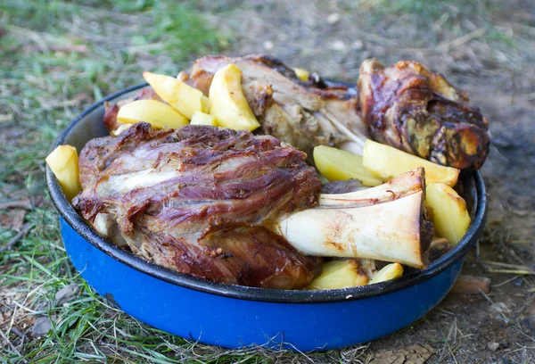 Big pieces of roasted meat and potatoes in dish — Stock Photo, Image
