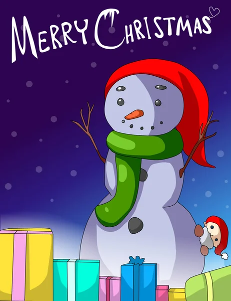 Feliz Navidad postal con muñeco de nieve — Vector de stock