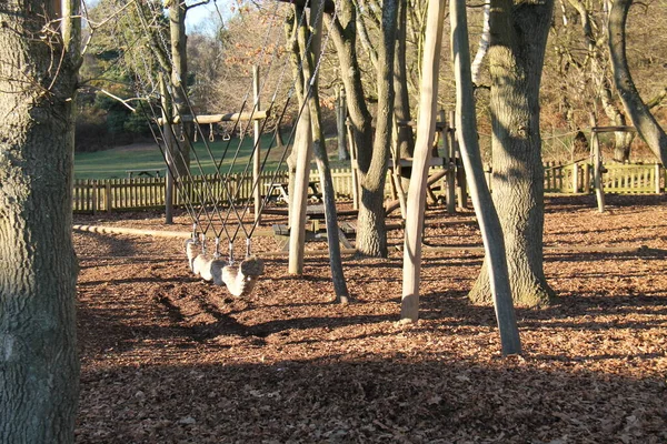 Eine Lange Holzschaukel Auf Einem Waldspielplatz — Stockfoto