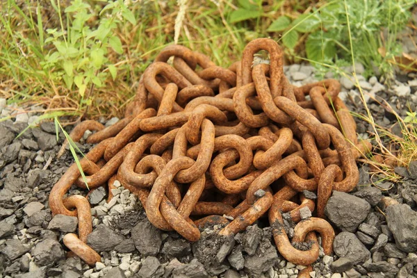 Uma Grande Corrente Enferrujada Sendo Usada Como Uma Decoração Jardim — Fotografia de Stock