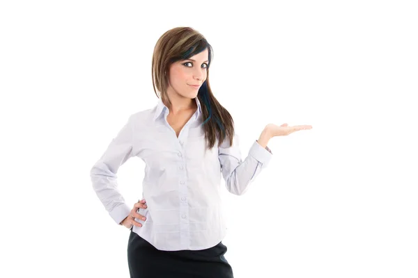 Young woman holding her hand palm up Stock Image