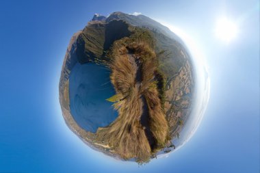 bir göl ve dağların panoramik gezegeni