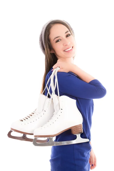 Jovencita sonriente llevando un par de patines de hielo —  Fotos de Stock