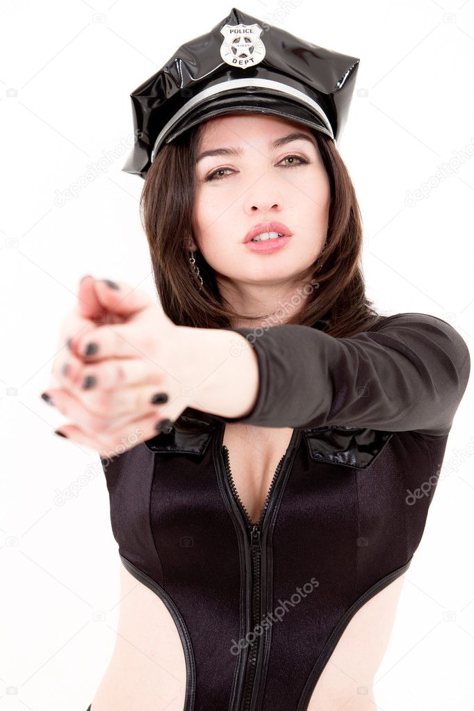 Beautiful police womanwith hat isolated on white