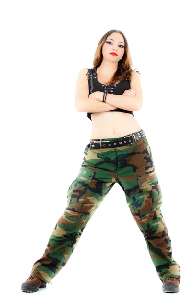 Mulher em roupas militares, fundo branco — Fotografia de Stock