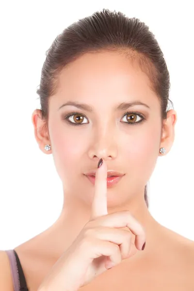 Secret. Woman saying hush be quiet. Mixed race — Stock Photo, Image