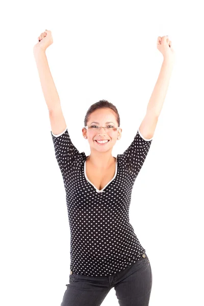 Young pretty woman hands up raised arms — Stock Photo, Image