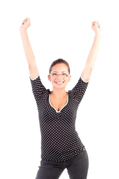 Junge hübsche Frau reicht erhobene Arme — Stockfoto