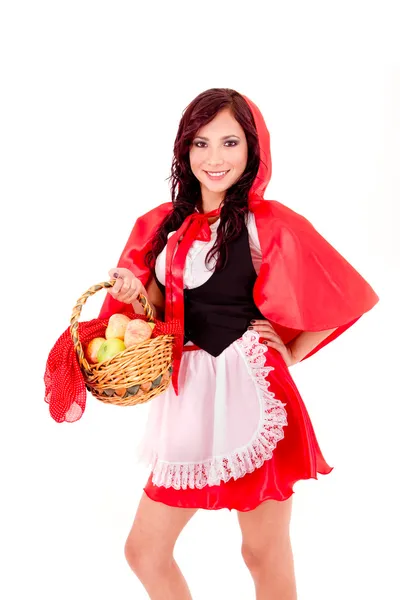 Chapeuzinho Vermelho segurando uma cesta de maçã — Fotografia de Stock