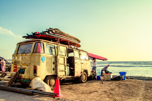 Hippie Surfboard Van on the beach