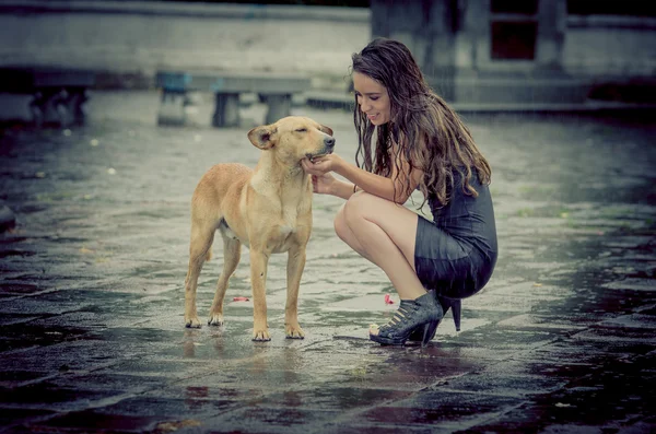 Meisje geruststellend een met hond onder regen. — Stockfoto