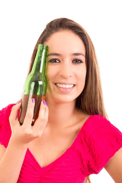 Mooi en sexy jonge vrouw met bier — Stockfoto