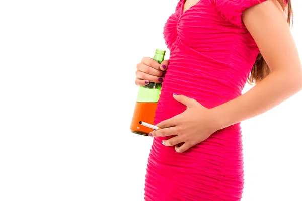 Pregnant woman, bottle of alcohol and cigarette — Stock Photo, Image