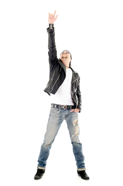 Heavy metal star making a rock and roll gesture — Stock Photo, Image