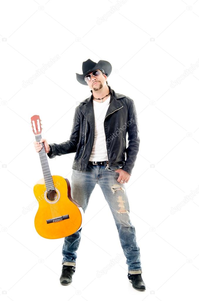 Young rocker man with a guitar, white background