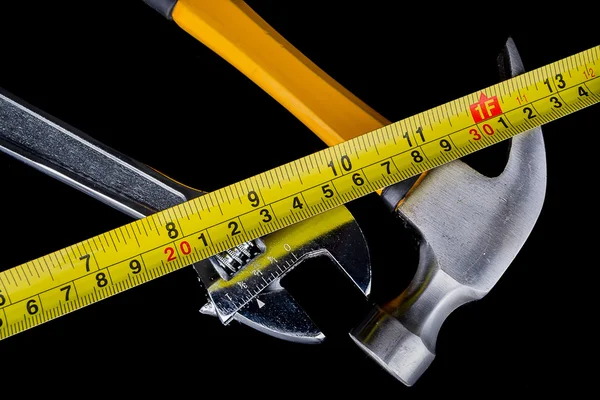 Set of tools and instruments on wood background. — Stock Photo, Image