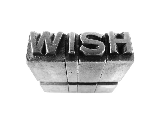 Segno WISH, antico tipo di lettera in metallo isolato — Foto Stock