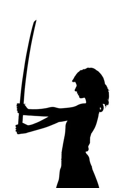 Ragazza con katana nella silhouette dello studio — Foto Stock