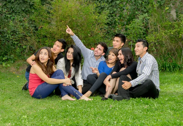 Feliz grupo de estudiantes sentados en el parque —  Fotos de Stock