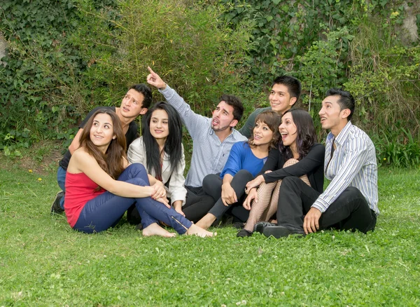 Felice gruppo di studenti seduti al parco — Foto Stock