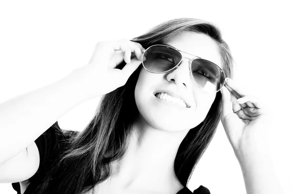 Beautiful woman wearing sunglasses color processed — Stock Photo, Image