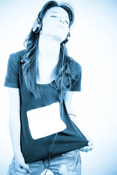 Femme avec casque, bleu, espace signe — Photo