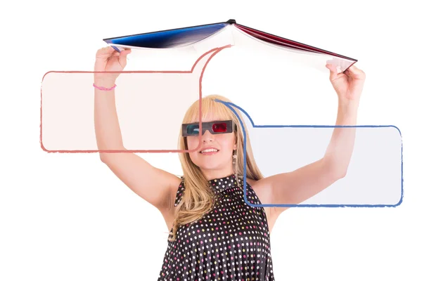 Mujer sonriente leyendo un libro con concepto de gafas 3d — Foto de Stock