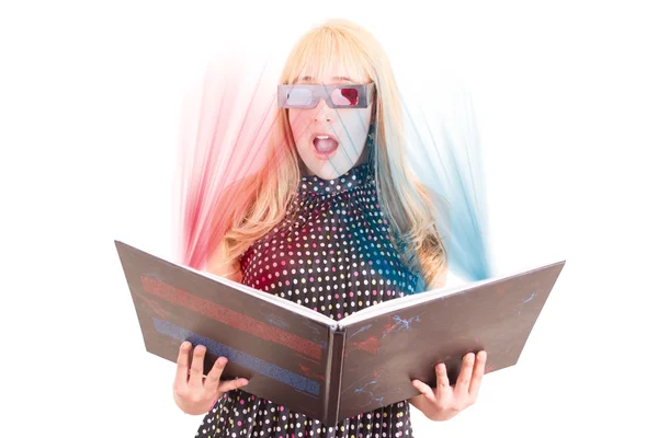 Smiling woman reading a book with 3d glasses concept — Stock Photo, Image